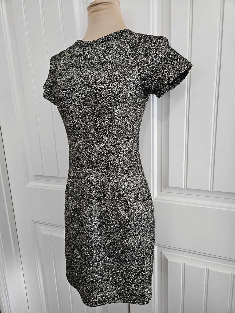 Bar III Women Black Gold Foil Short Sleeve Bodycon Dress Size S